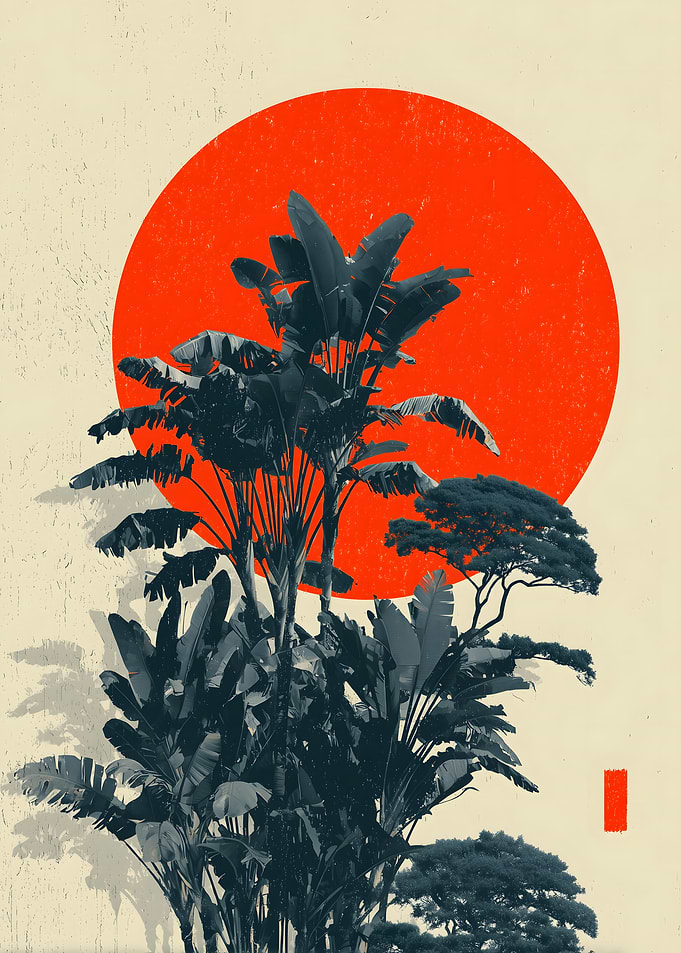 Tropical Foliage and Rising Red Sun