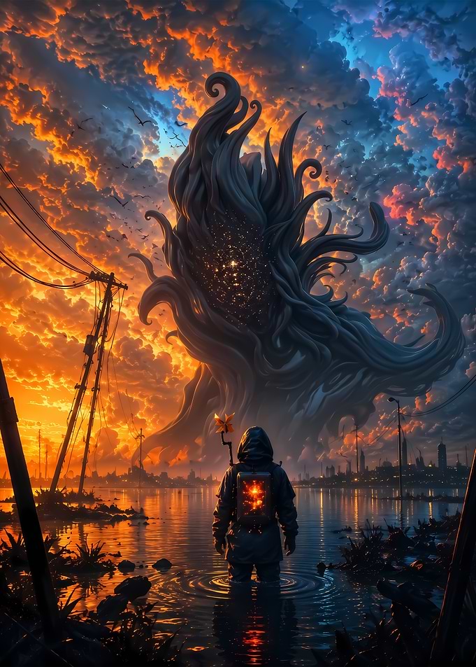 Cosmic Entity Over Ruined City Sunset