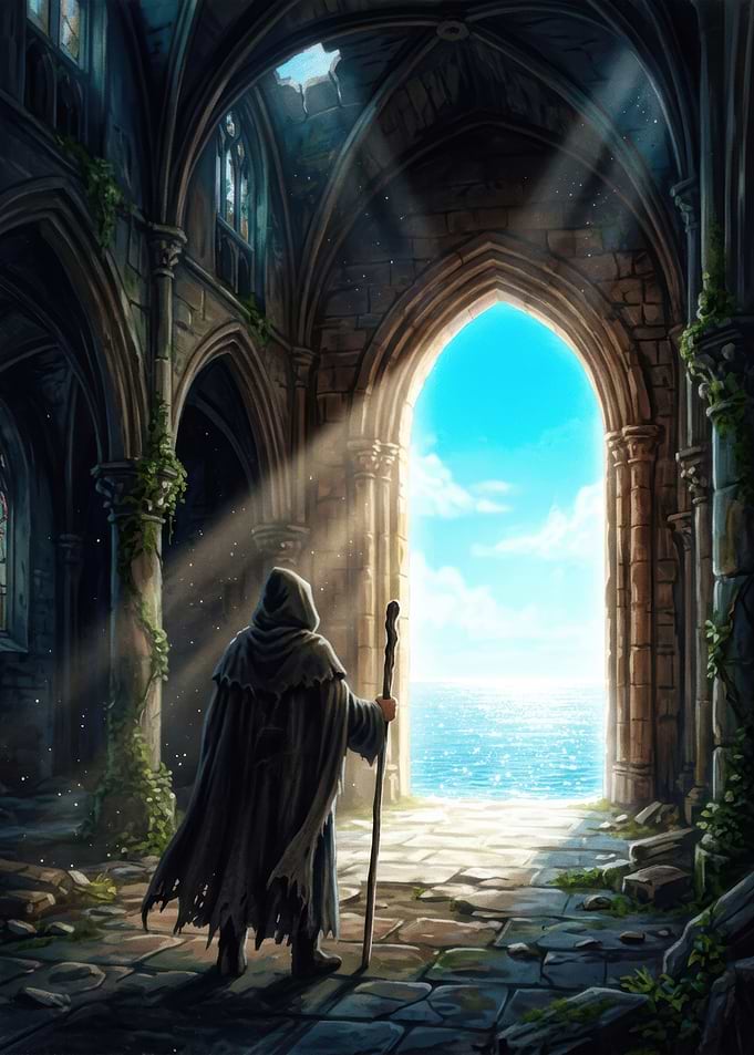 Mysterious Wanderer at Ruined Archway