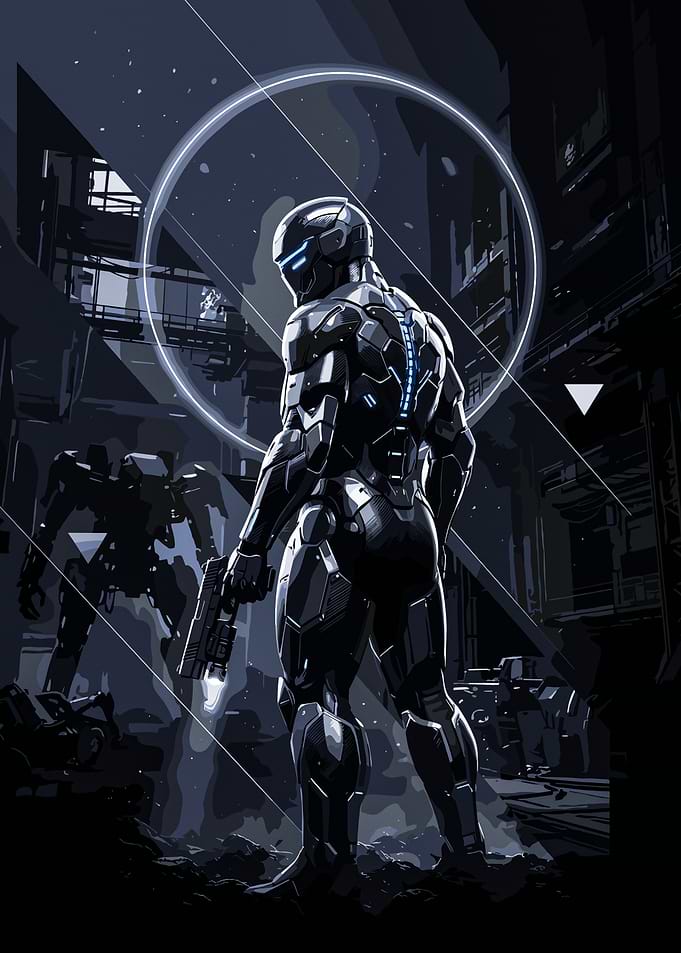Futuristic Soldier in Dystopian Sci-Fi City
