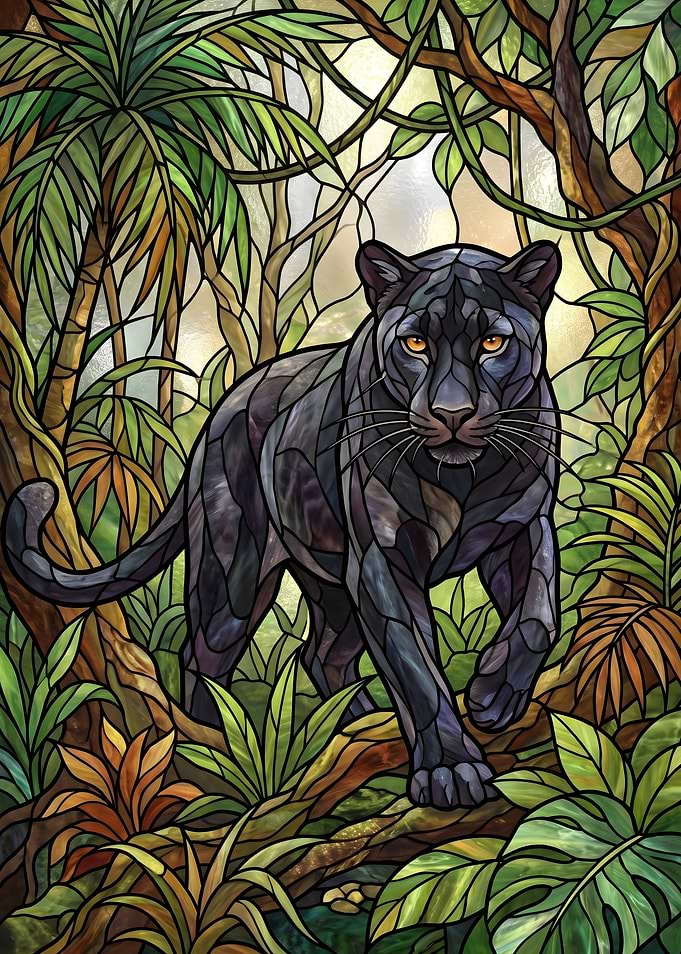 Stained Glass Black Panther Jungle Scene