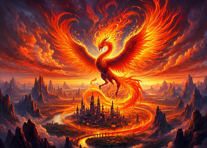 Fiery Phoenix Over a Fantasy City