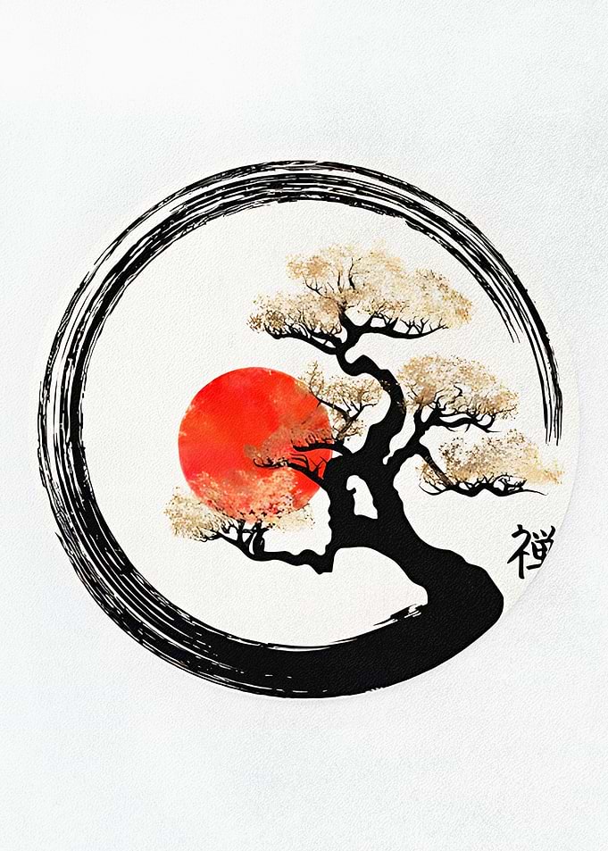 Zen Bonsai Tree with Red Sun