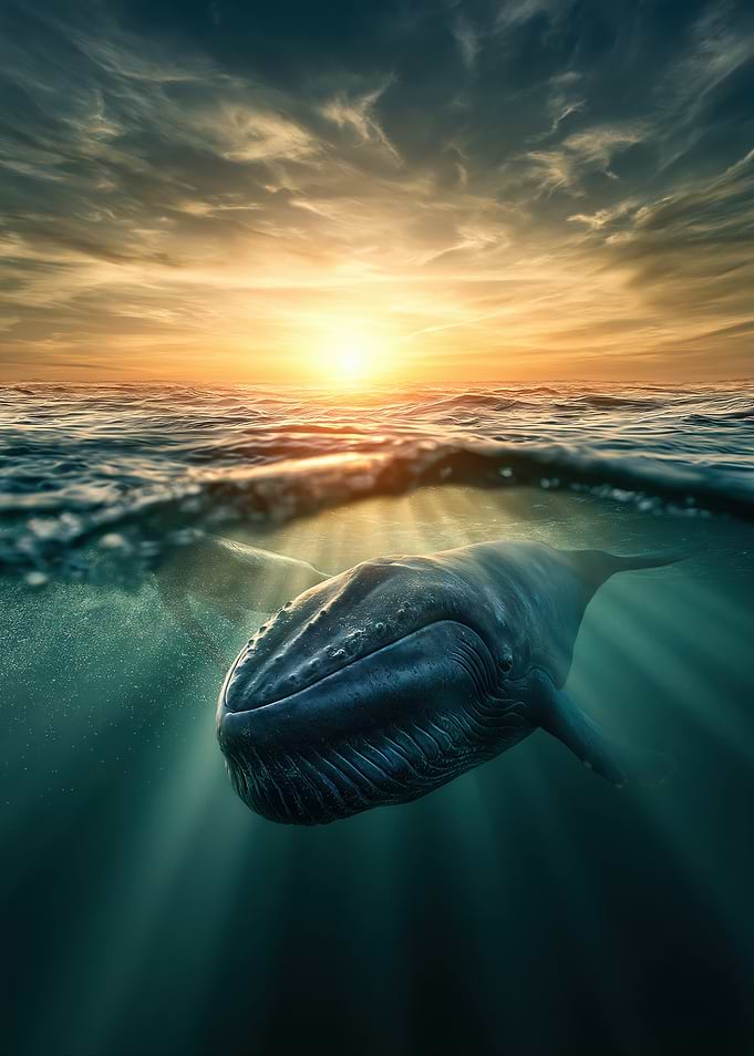Majestic Whale Swimming Under Golden Sunset