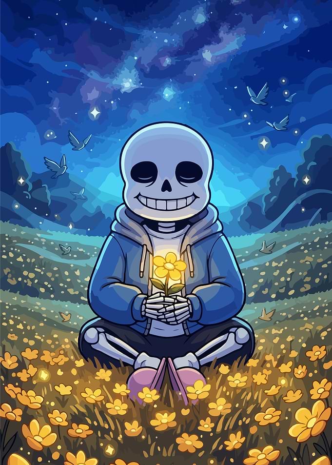 Sans holding a glowing flower