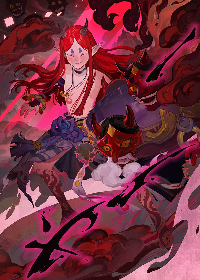 Oni Characters with Red Masks and Horns