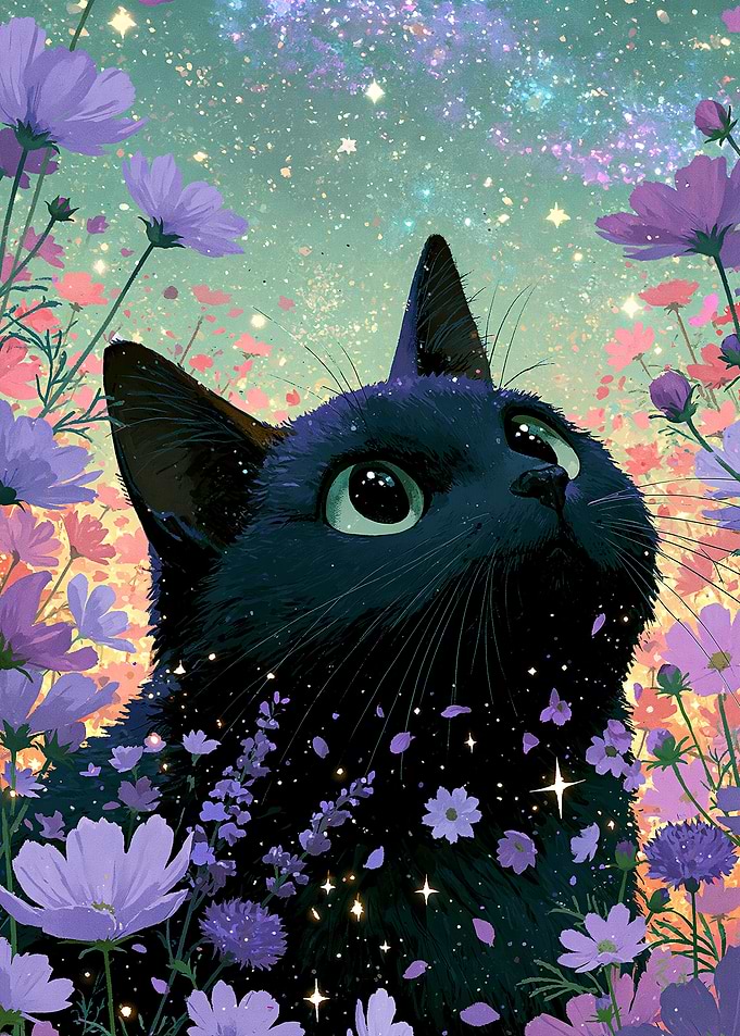 Black Cat in a Cosmic Flower Field