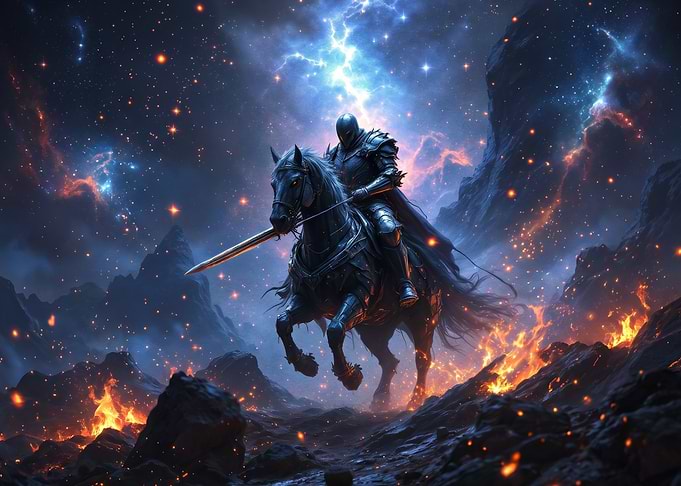 Knight Riding Horse in Cosmic Landscape
