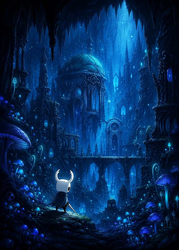 Hollow Knight in a Blue Mushroom Cave