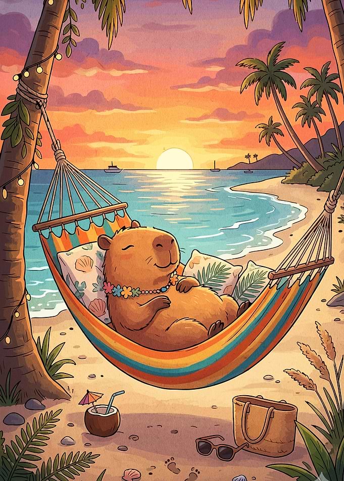 Capybara relaxing in a hammock at sunset