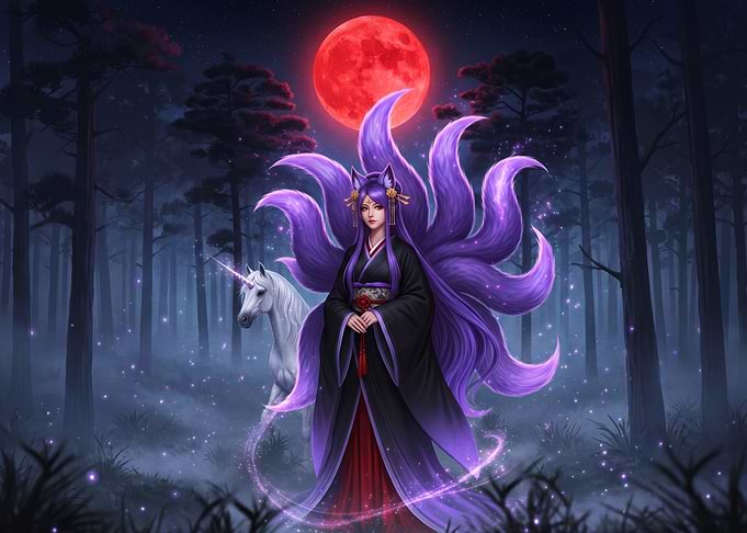 Kitsune and Unicorn in Mystical Forest