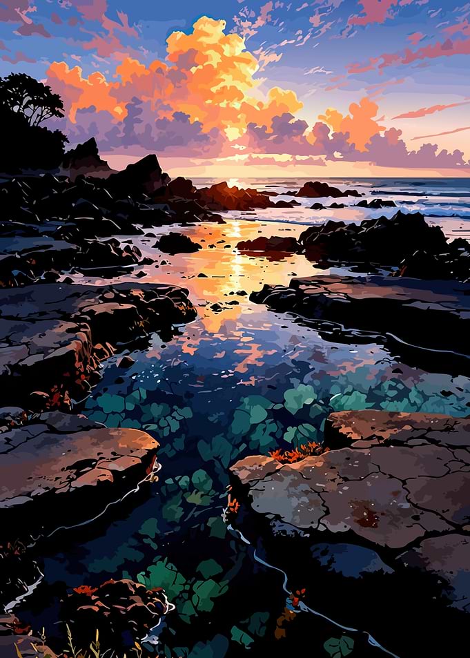 Sunset over rocky coastline with tide pools