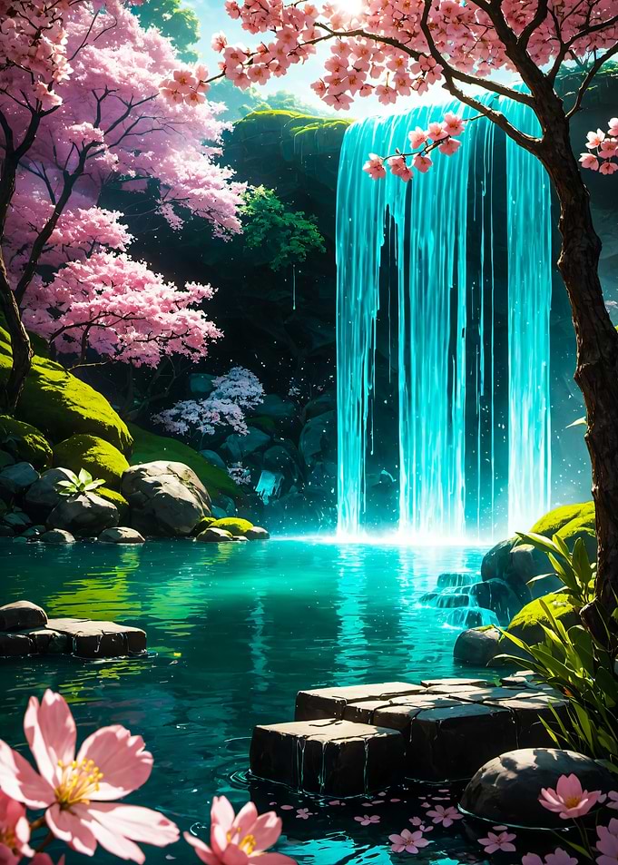 Sakura Waterfall with Japanese Cherry Blossom