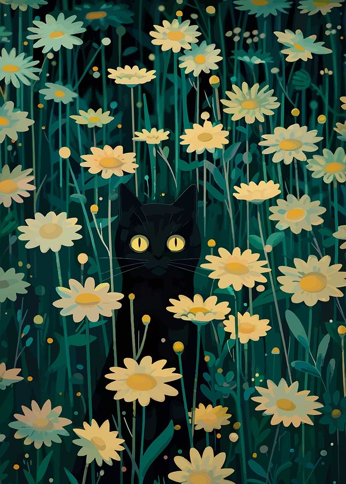 Black cat in a field of daisies