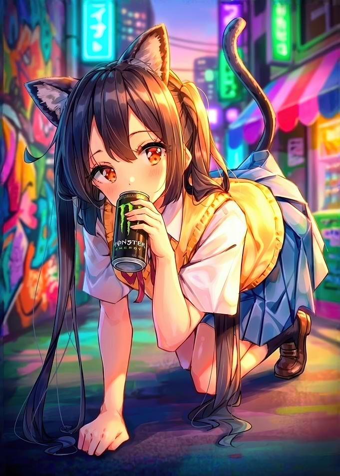 Neko Girl Drinking Monster Energy