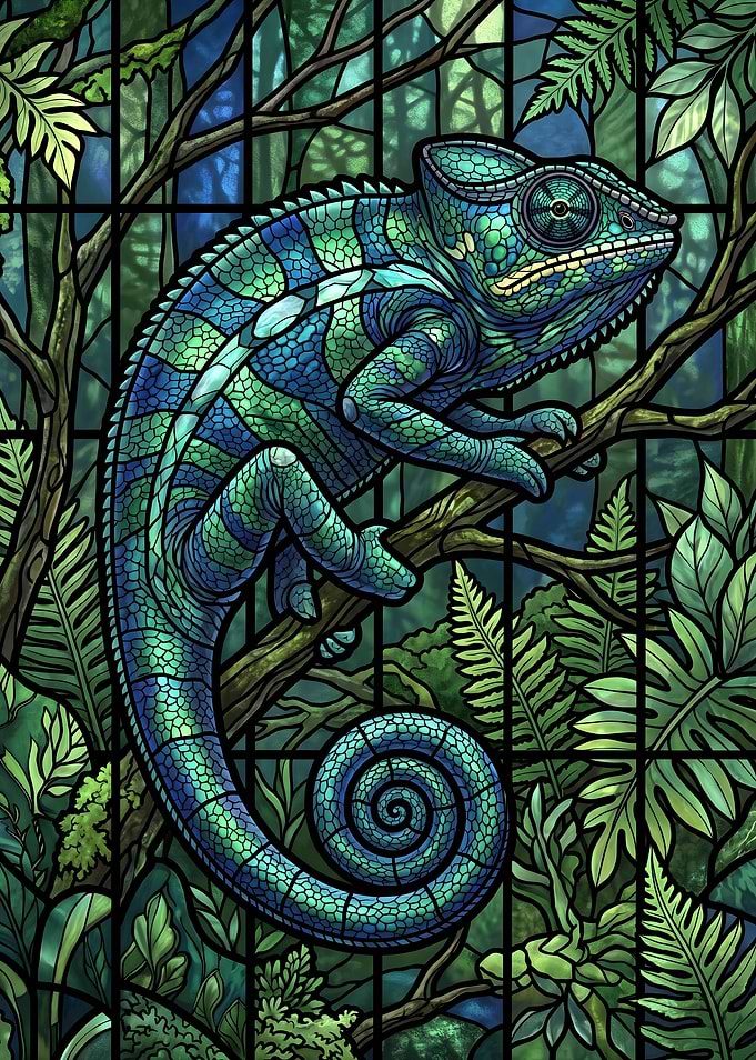 Stained Glass Chameleon in a Lush Jungle