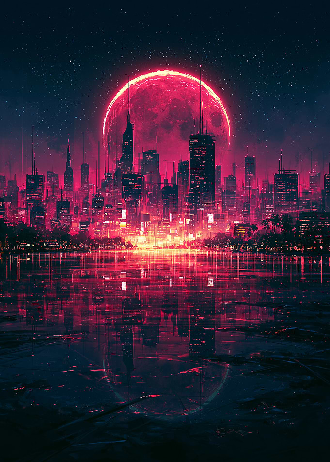 Cyberpunk Cityscape with Red Moon