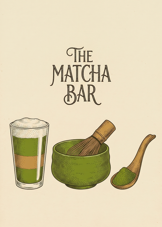 Matcha Tea Preparation Set Green Powder Whisk Bowl Vintage Illustration