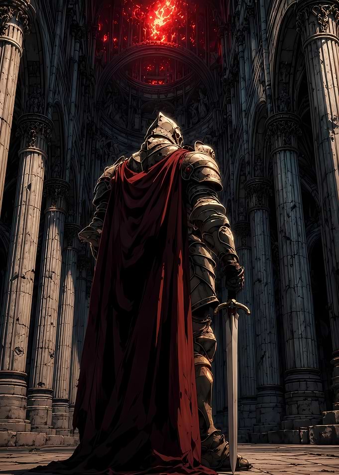 Knight in a Dark Cathedral with Red Glow