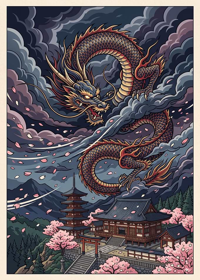 Dragon Over Japanese Temple