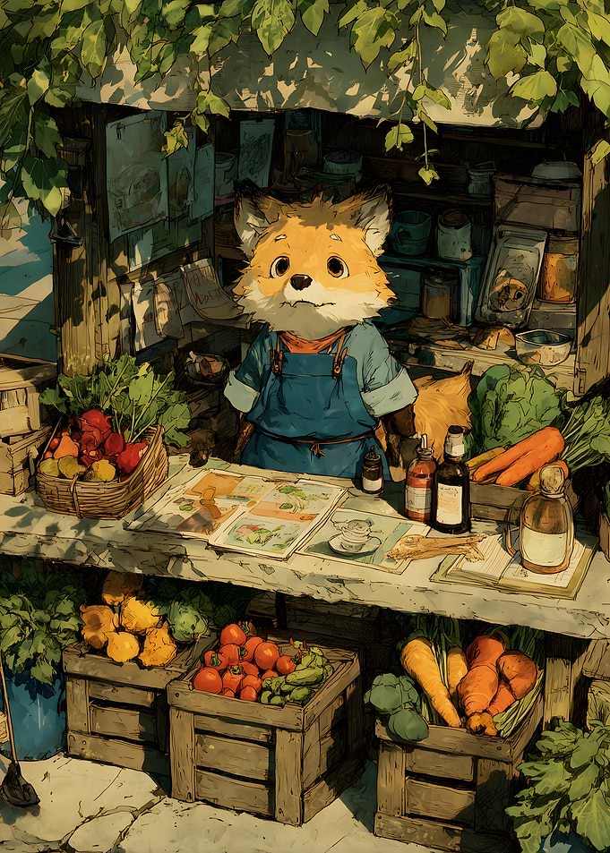 Fox Merchant at a Rustic Vegetable Stall