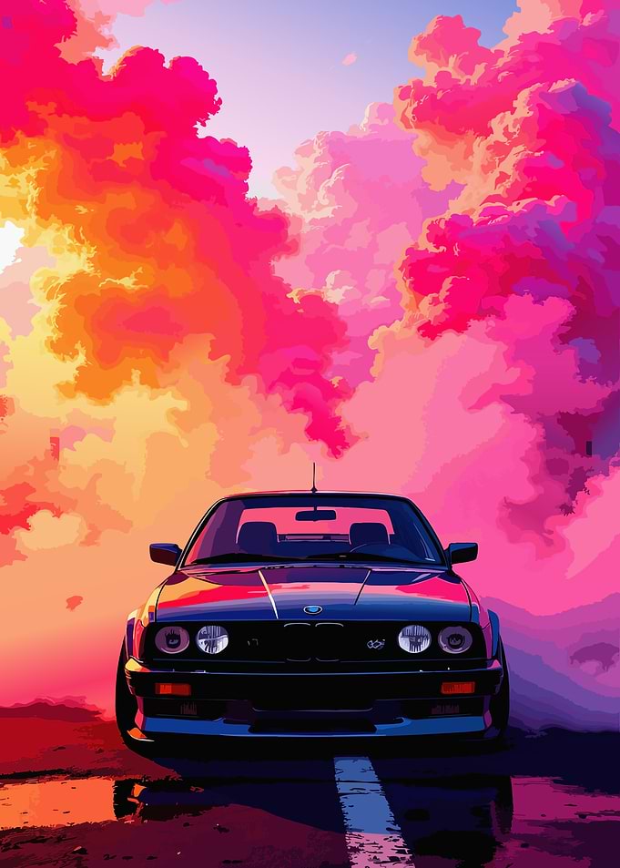 Retro Car Under Pink Clouds