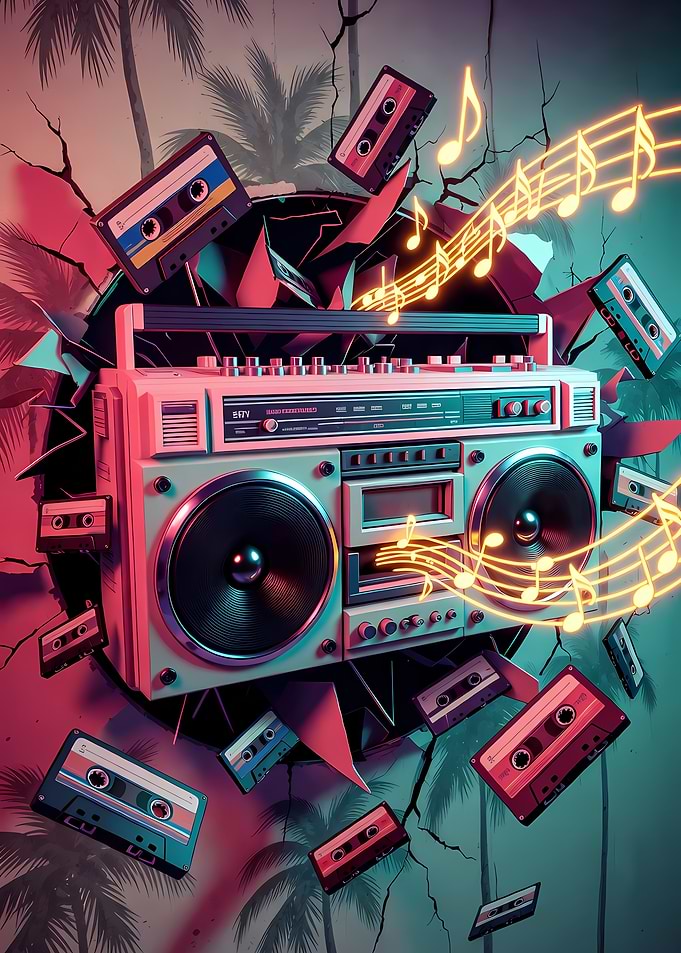 Retro Boombox with Cassettes and Music Notes