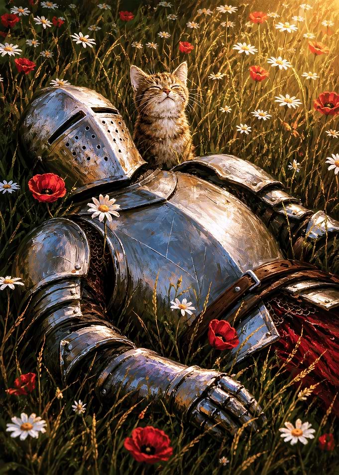 Knight Resting in a Flower Field with Kitten