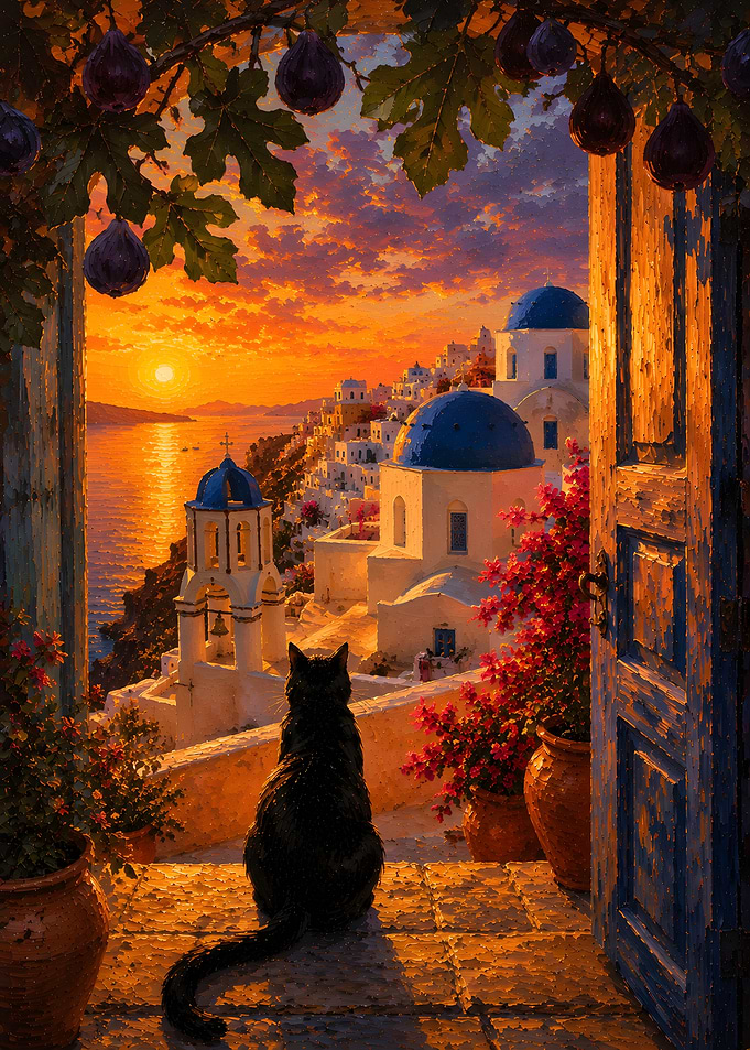 Black Cat Watching Santorini Sunset