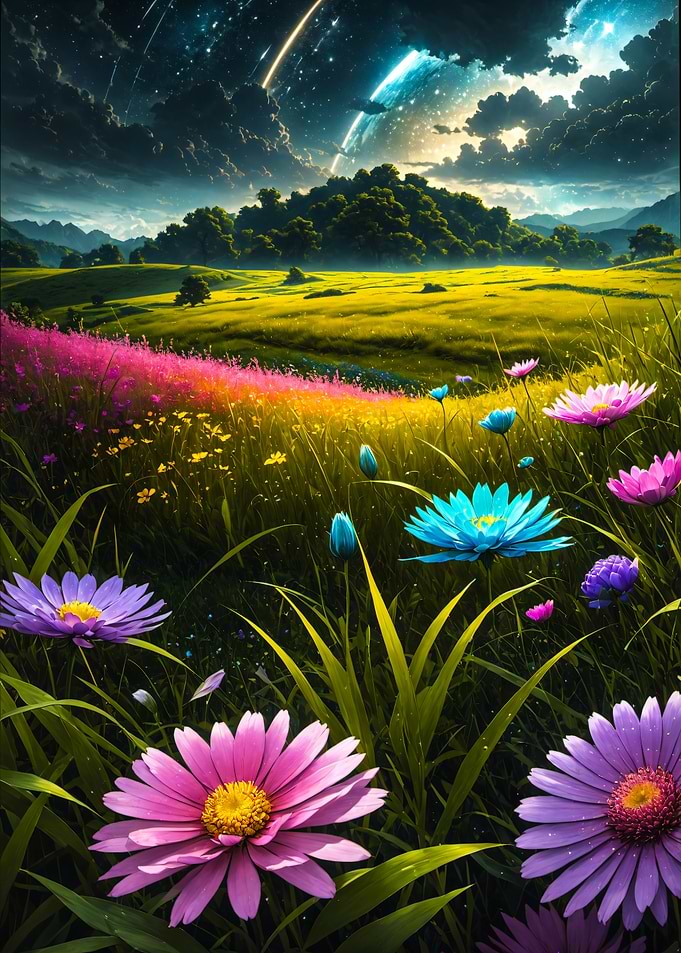Cosmic Meadow with Vibrant Flowers
