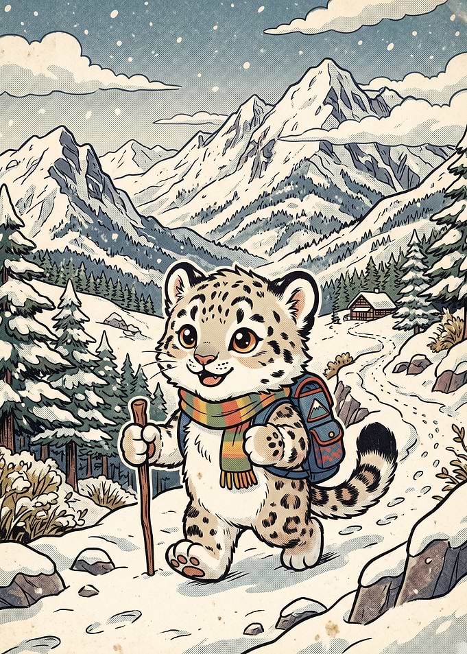 Cute Snow Leopard Hiker in Mountains