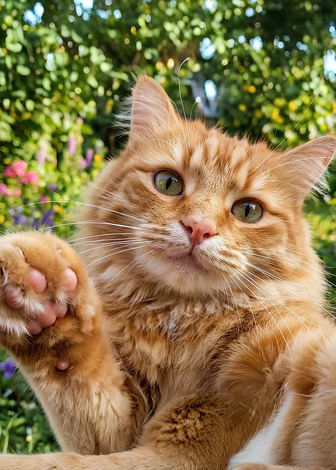 Ginger Cat Waving Paw in Garden