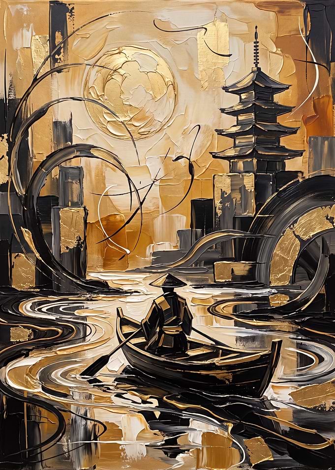 Man in Boat with Pagoda and Moon