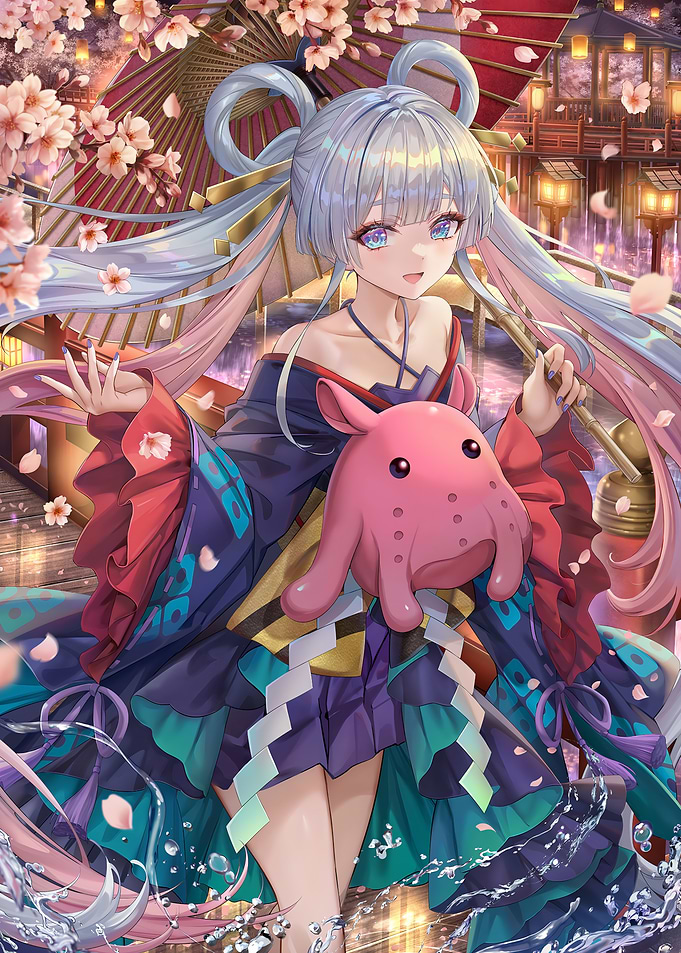 Anime Girl with Pink Octopus Plush