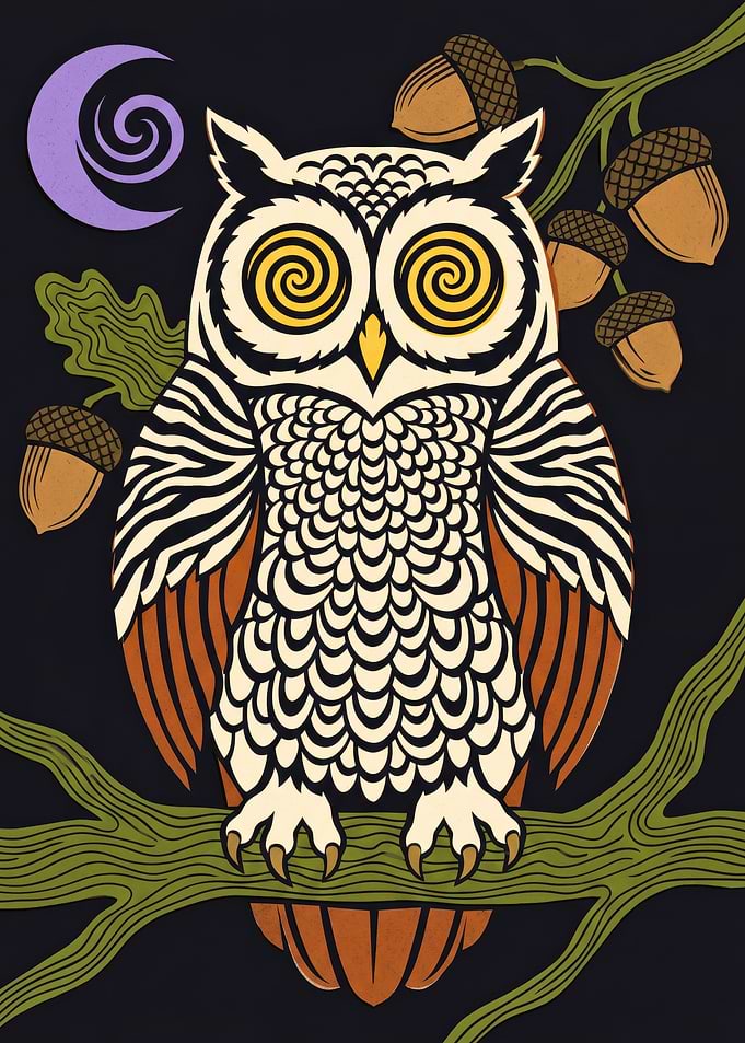 Hypnotic Owl Oak Branch Spiral Eyes Illustration