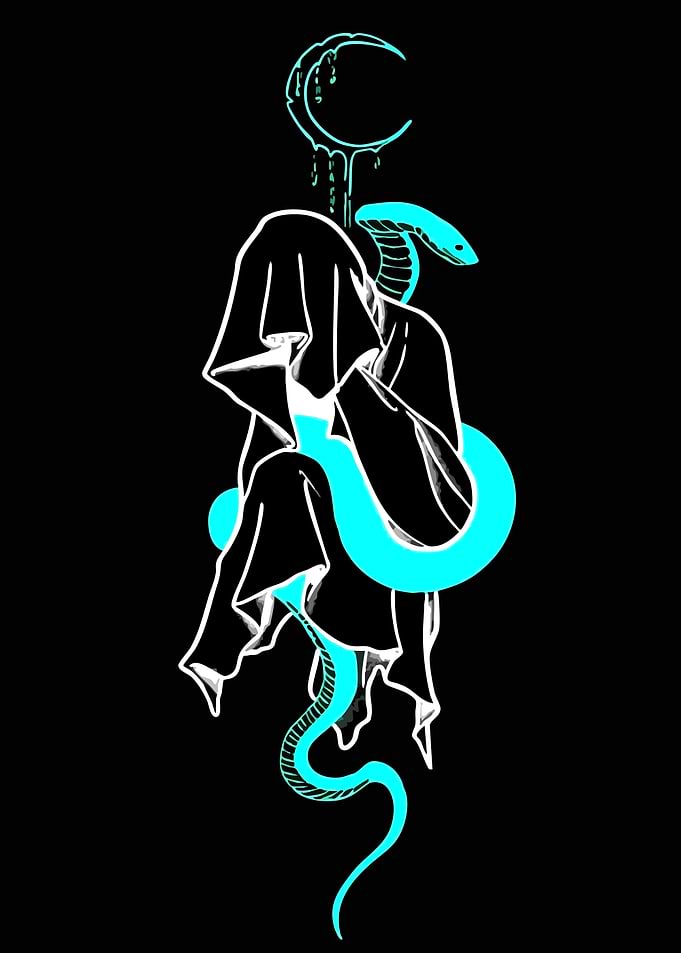 Mysterious Figure with Snake and Moon