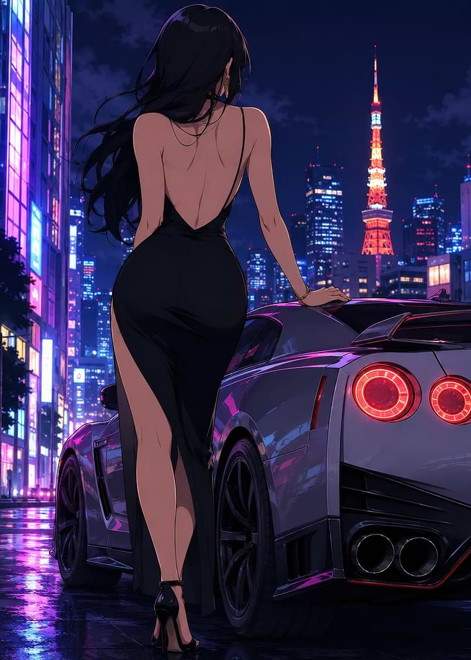 Anime Woman in Black Dress with Sports Car