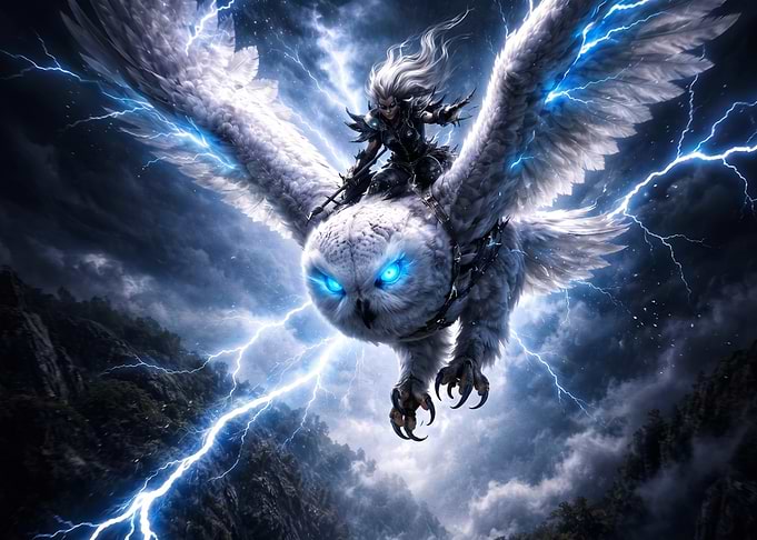 Fantasy Owl Rider in Lightning Storm