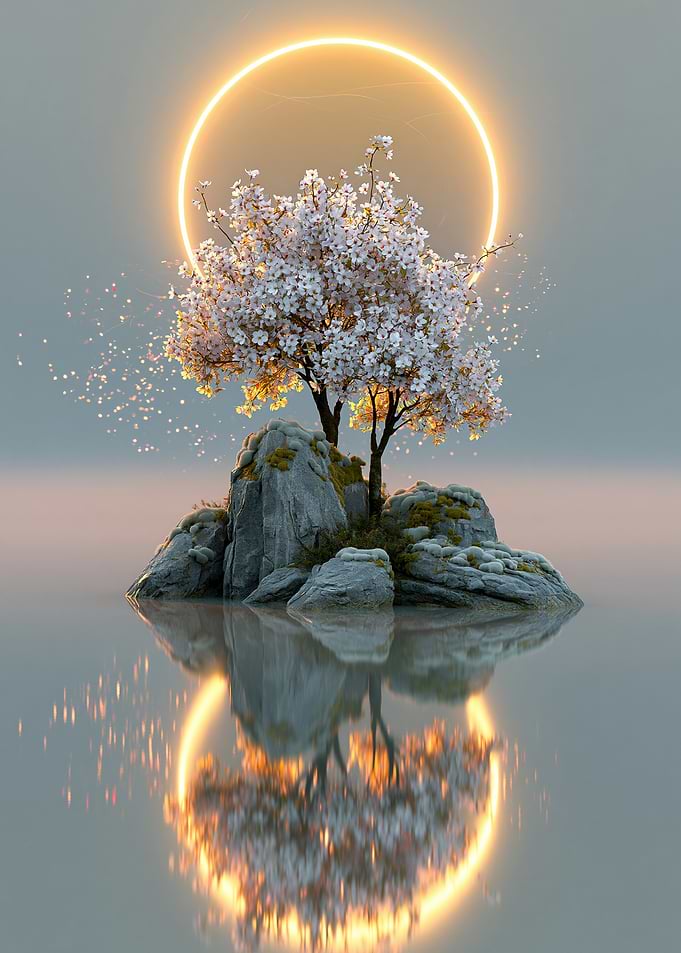 Serene Cherry Blossom Island with Neon Halo