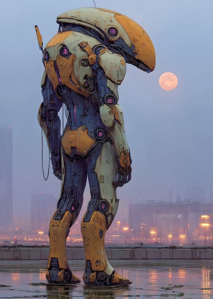 Futuristic Mecha Standing Over Misty Cityscape