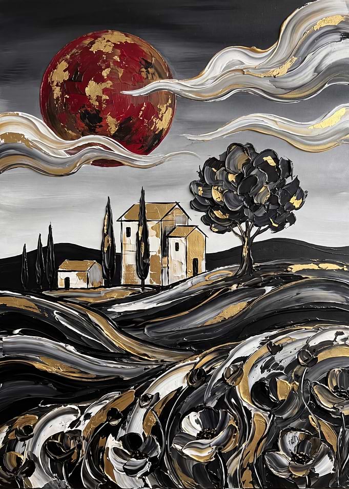 Abstract Tuscan Landscape with Red Moon