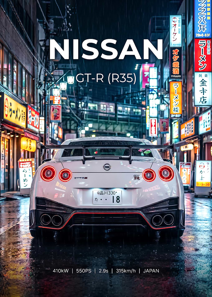 back view Nissan GT-R R35 in Rainy Tokyo Night poster
