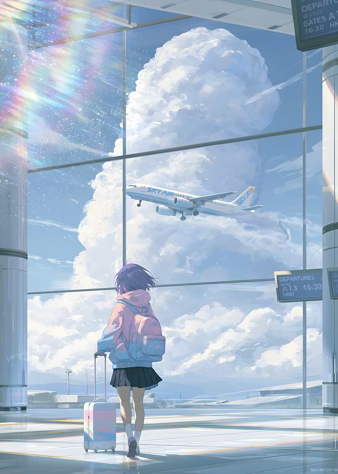 Girl at Airport Watching Plane Take Off