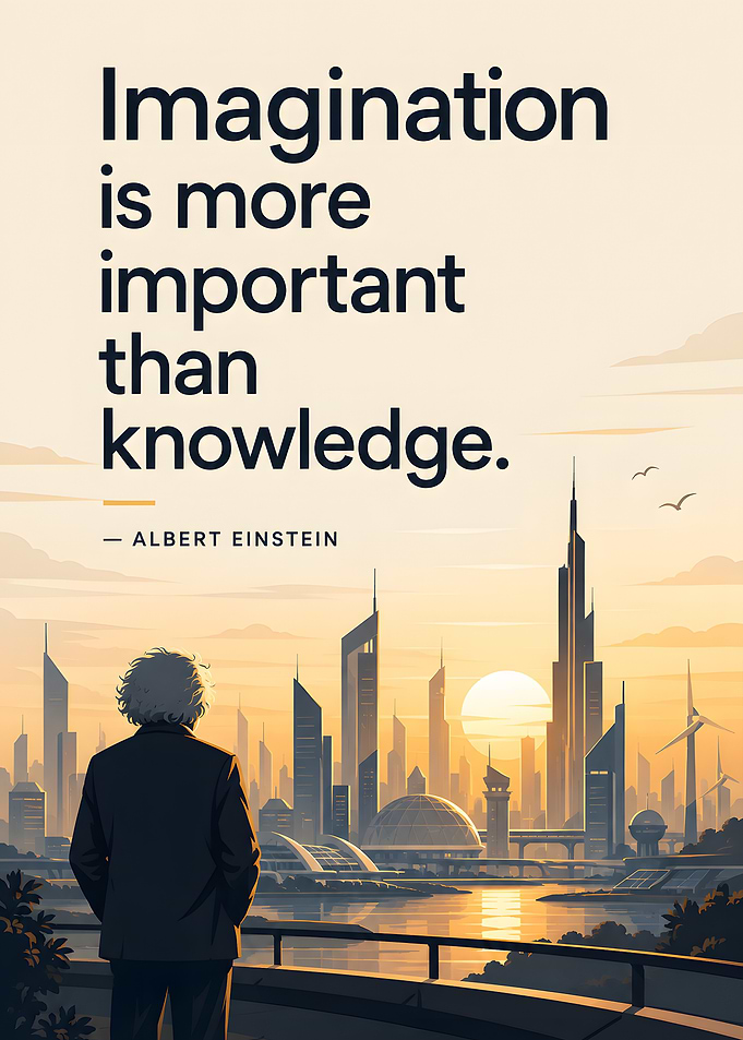 Einstein overlooking futuristic city