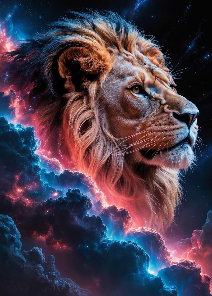 Legendary Cosmic Lion Rising Through the Celestial Nebula