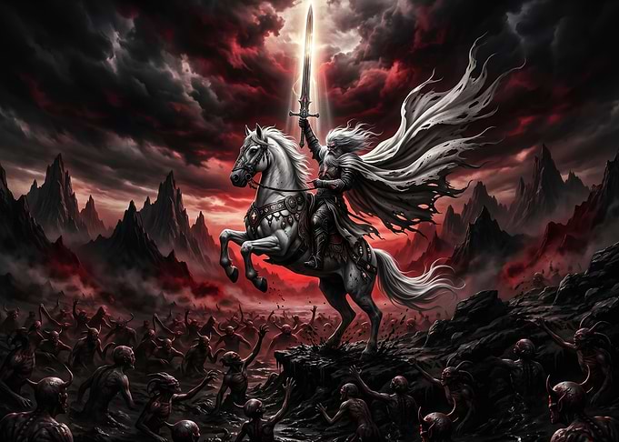 Warrior on Horseback in a Dark Landscape
