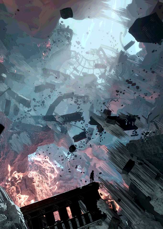 Lone Figure Amidst Floating Surreal Ruins