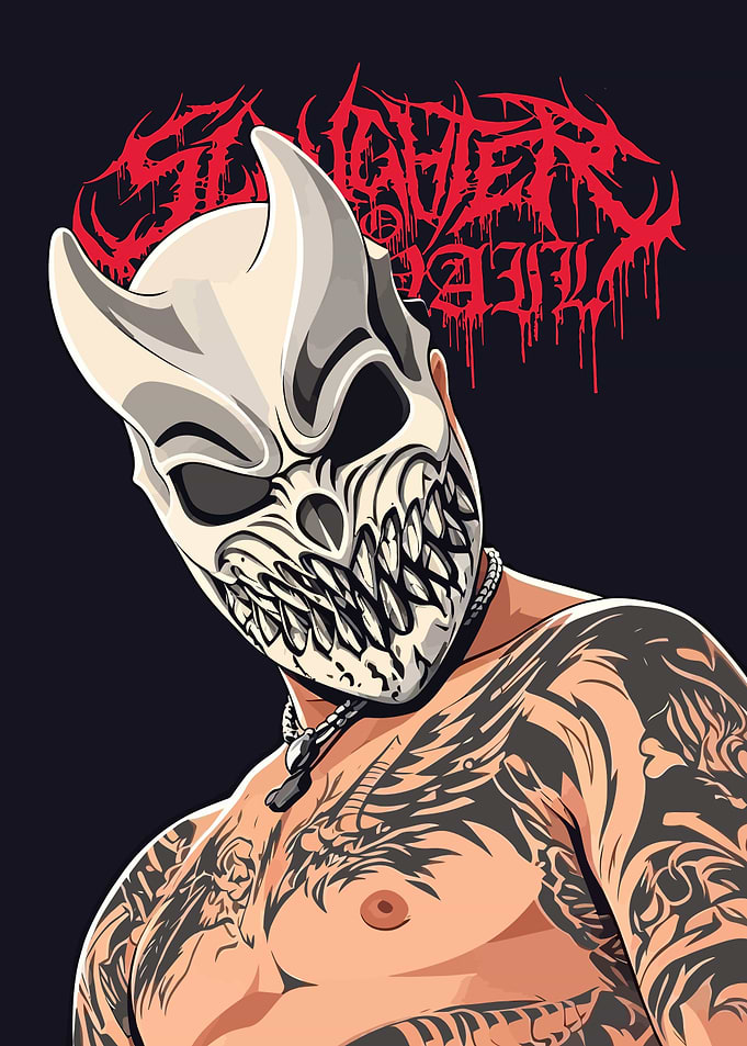 Demon Masked Man with Tattoos