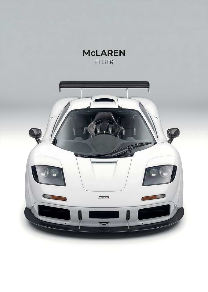 sleek White McLaren F1 GTR Front View poster
