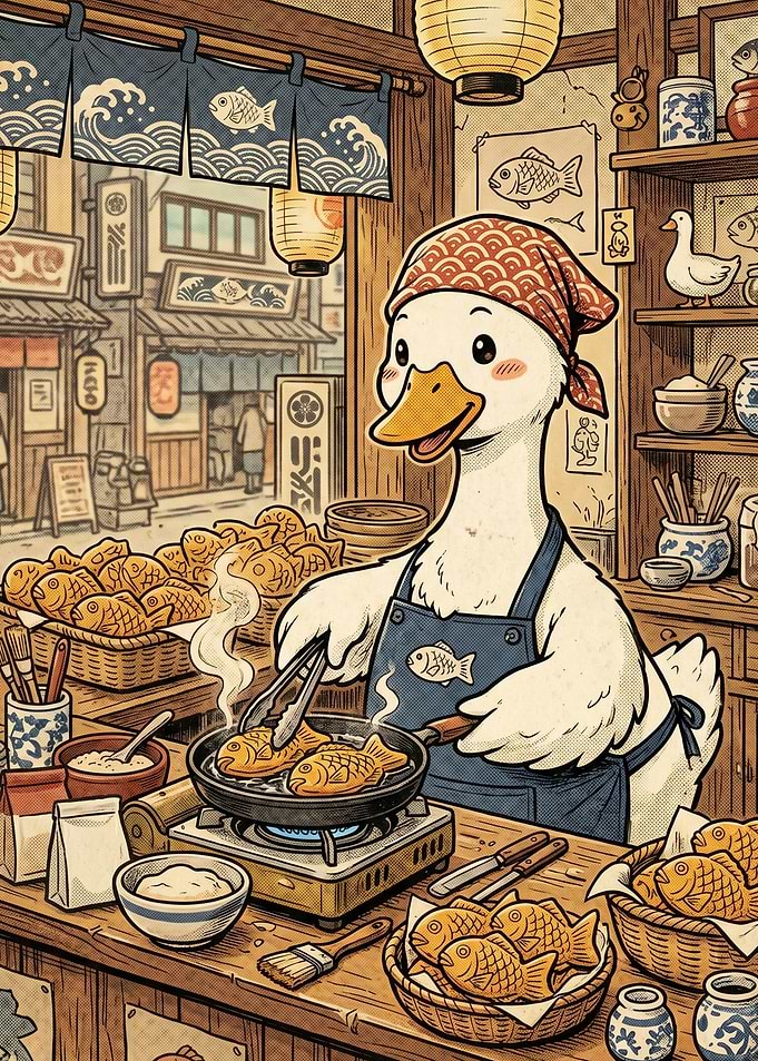 Cute Duck Chef Cooking Taiyaki